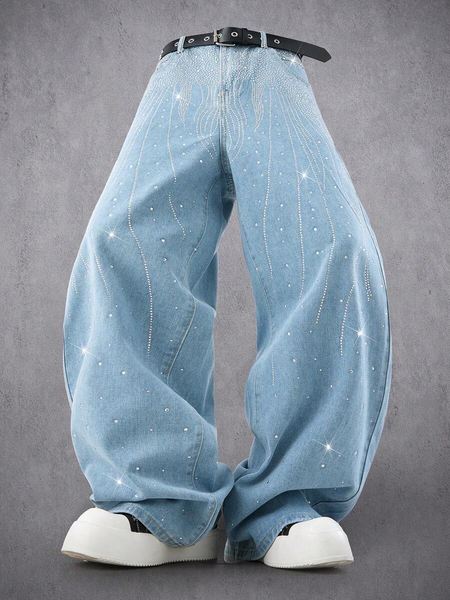 Manfinity Denimwave 时尚水钻装饰宽松直筒牛仔裤，男女皆宜 - 淺色水洗藍 - 查看 1