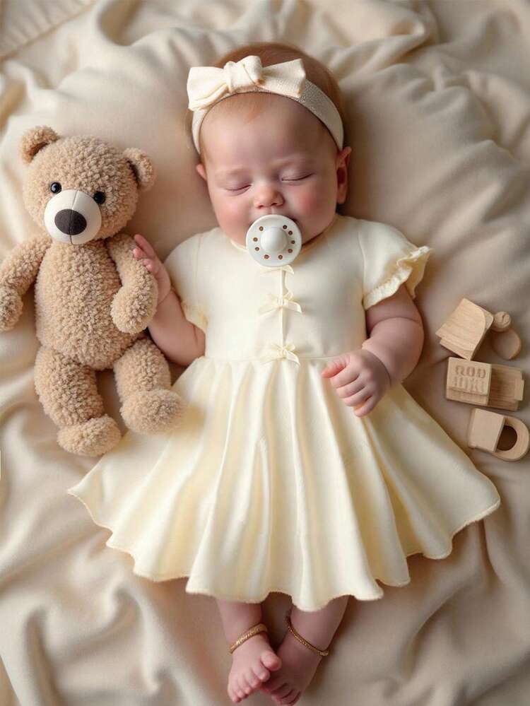 baby beige dress SHEIN Newborn Girl Soft Summer Colour Palette Cute Birthday Summer Short-Sleeved Princess Sleeves Flared Hem Textured Elegant Tea Party SIZE:7/8 It is lined with Estelle Maxi LaDivine CD0225 Beaded A