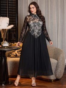 Modelyn Plus Size Women Long Lace & Polyester Blend Dress - Black - View 3