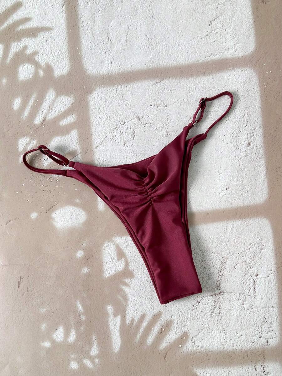 Swim Vcay 1pc Women's Solid Color Thong Bikini Bottom, Minimalist Design Plain Bikini Sexy Swimwear Tie Bikini High Cut Bikini Solid Color Bikini - Burgundy - View 1