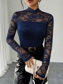 Chiquease 女士优雅性感蕾丝长袖T恤 - 寶藍色 - 查看 4