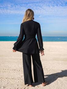 Swim Mulvari 2pcs/Set Women's Black Long Sleeve & Flared Pants Loose Cuffed Sleeve Burkini Swimsuit, Suitable For Spring/Summer Beach - Black - View 3