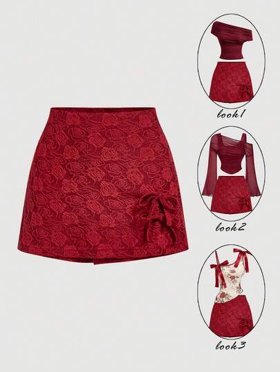 SHEIN MOD 女士优雅纯色蝴蝶结装饰提花阔腿裤