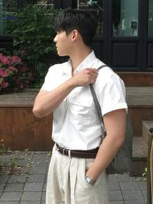 DAZY 男士纯白色口袋休闲衬衫，夏季款 - 白色 - 查看 2