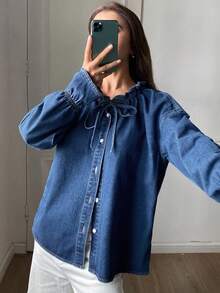 DAZY 女士系带宽松插肩袖牛仔衬衫 - 藍色 - 查看 3