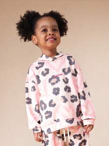 SUMWON 幼儿豹纹连帽衫和运动裤套装，带爱心图案，长袖舒适运动服