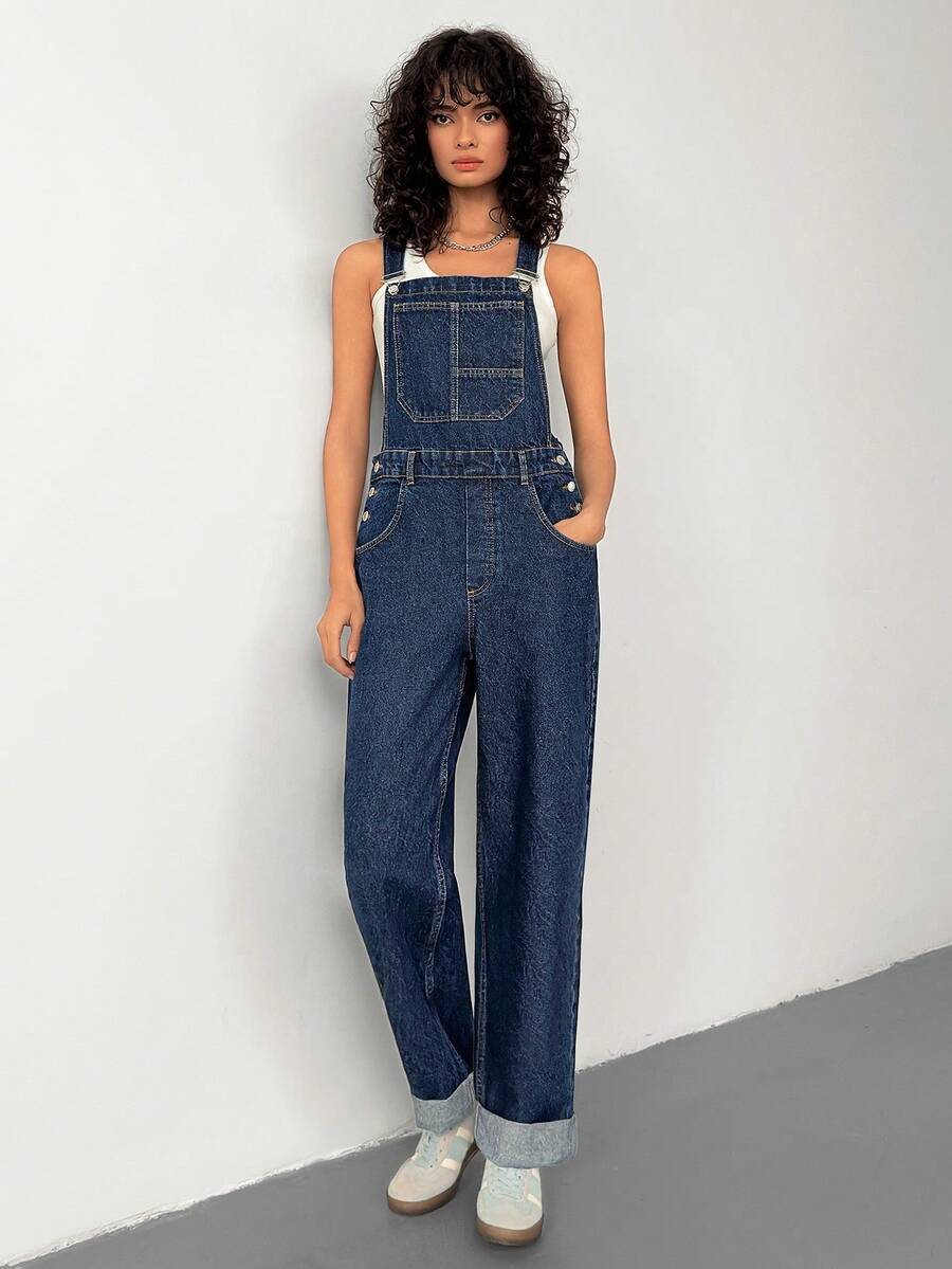 SHEIN Women Casual Straight Leg Denim Overall For Spring & Summer - Dark Wash - View 1