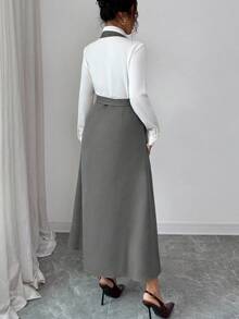 Rafferiza Khaki Trägerkleid mit Taschenverzierung, taillierter Passform für Damen, Herbst - Grau - Übersicht 2