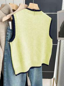 Franclia Colete de Tricô Feminino Retrô Francês de Gola Redonda Solta, Sem Mangas, com Acabamento Contrastante em Cáqui, Adequado para Looks Femininos de Outono/Inverno - Luz amarela - Visão 2