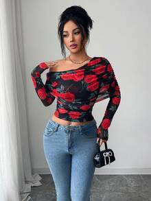 SHEIN Elenzya Élégant Top transparent à manches bouffantes avec imprimé floral, T-shirt pour femme pour la Saint-Valentin - Multicolore - Voir 6