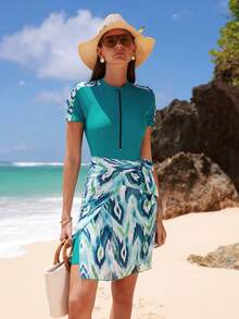 Swim Shayni 女士扎染印花拼接无袖布基尼连体衣，配短裤和罩裙，度假套装