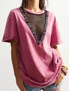 Bohemela Đầm ngắn tay ngắn cổ tròn, màu trơn, dáng rộng, chất liệu dệt kim, phối màu, kiểu dáng thường ngày, dành cho nữ. - Màu Hồng Tươi - Xem 3