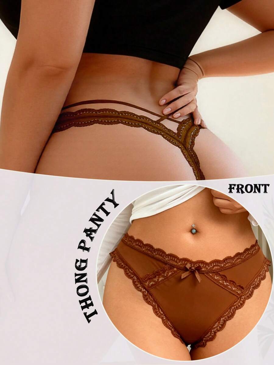 SHEIN 1 件大码女式蕾丝拼布丁字裤 - 咖啡棕 - 查看 1