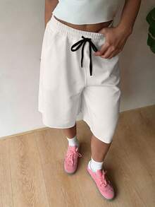SHEIN EZwear 大码女式休闲白色弹力腰抽绳宽松夏季短裤 - 白色 - 查看 5