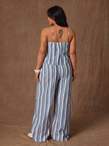 Rustia 2pcs/Set Fashionable Vacation Camisole Top And Straight Leg Contrast Striped Pants - Multicolor - View 2