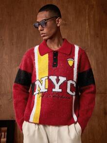 AKNOTIC Business Casual Men's Red Letter Jacquard Long Sleeve Polo Neck Casual Sweater,Autumn Graphic Streetwear Knit 90s Y2k Fashion Graduation Back-To-School NYC Jersey - Red - View 2