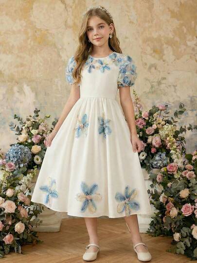Girls Casual Elegant Cute Bubble Short Sleeve Round Neck Waist Cinched Princess Dress, Versatile For Daily Wear, Spring/Summer