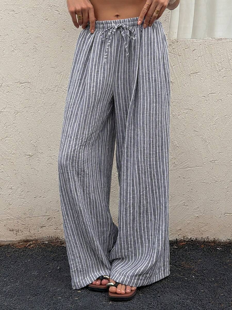 Vivie Lora 女士宽松阔腿直筒条纹亚麻裤 - 黑與白 - 查看 1