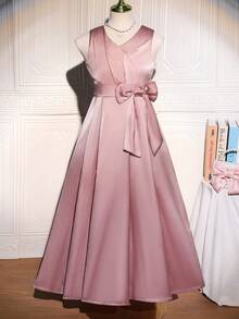 1pc Tween Girl Elegant Satin Sleeveless Waist Cinched Ruched Detachable Bow Decor Maxi Dress, Suitable For Daily, Party, Wedding, Spring/Summer - Pink - View 3