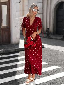 SHEIN PariChic V领胸前开衩袖抽绳褶皱心形印花纹理短袖连衣裙 - 紅色 - 查看 3