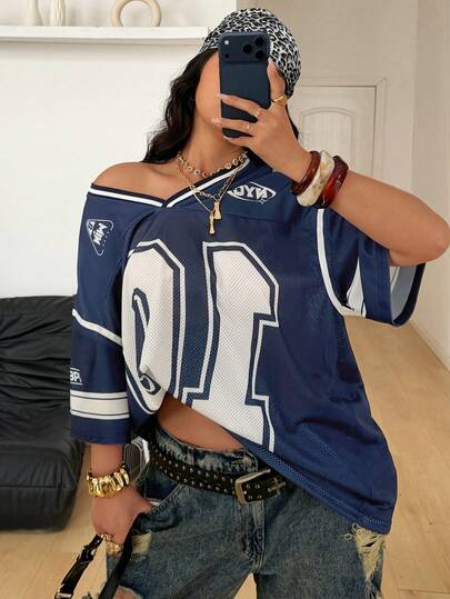 Coolane Summer Outfits Women's Plus Size , Streetwear Sports Casual Contrast Trim Numeric Print Breathable Blue Jersey T-Shirt