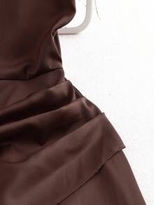 Franclia Satin Ruched Waist Wrap Short Sleeve Dress, Brown - Brown - View 5