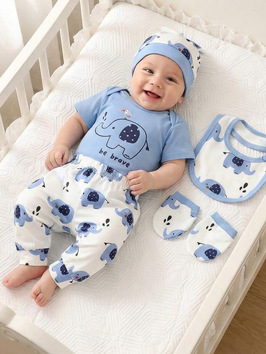 SHEIN 5pcs/Set Newborn Baby Boy Summer Outfit, Includes Cute Bear Print Knit Soft Bodysuit, All-Over Print Pants, Hat, Bib, Gloves Baby Unisex Clothes Sets Baby Boy Clothes Baby Boys Sets Newborn Baby Boy Clothes