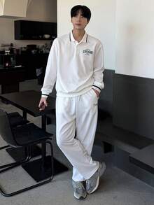 DAZY 男士字母印花拼接设计 Polo 衫套装，春秋季 - 白色 - 查看 6