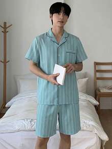 DAZY Men's Summer Short Sleeve Shirt And Shorts Striped Pajama Set - Blue - View 3