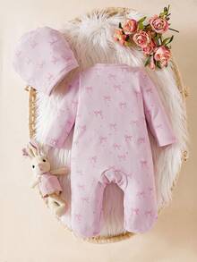 SHEIN Newborn Infant Bow Print Cute Baby Romper Jumpsuit + Hat, Autumn/Winter