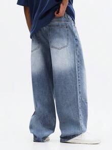 SUMWON Jeans de pierna ancha con detalles de pedrería y efecto desgastado para un estilo casual de streetwear - Azul lavado medio - Ver 2