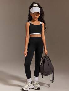 SHEIN Ensembles sans couture pour activités de préadolescentes, hauts et leggings 2 en 1 bicolores, tenue de yoga et de sport décontractée, couleurs contrastées noir et blanc, tissu extensible et confortable - Noir et Blanc - Voir 1