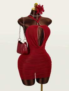 Zestiva Women's Solid Color Halter Backless Cover-Up Dress, Suitable For Beach Vacation - Red - View 7