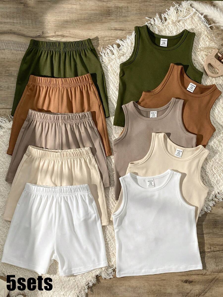 SHEIN Vintaside Kids 10件套男女宝宝夏季套装，黑色、白色、灰色、蓝色、灰绿色圆领上衣搭配宽松短裤，简约风格，适合户外玩耍和日常休闲穿着，幼儿宝宝适用。 - 彩色 - 查看 1