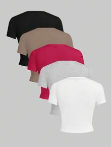 SHEIN EZwear 5件/套纯色针织无袖修身T恤，春夏基础款女式纯色T恤衫套装，女式上衣套装，纯色T恤衫，5件装女式上衣，纯色T恤衫，女式T恤衫 - 彩色 - 查看 2