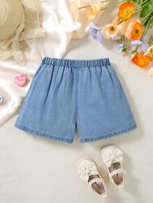 SHEIN Young Girl' Bow Embroidered Blue Denim Loose Shorts - Light Wash - View 2