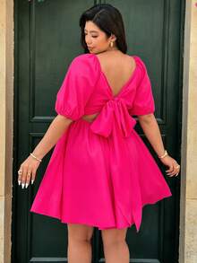 Ceyna 大码露背系带休闲派对连衣裙，春夏女装连衣裙，女士夏季连衣裙，两件套连衣裙，惊艳连衣裙，带袖夏季连衣裙，度假装，女士度假连衣裙，女士连衣裙，亮粉色短款连衣裙，蝴蝶结连衣裙，女士最新款连衣裙 - 玫紅色 - 查看 1