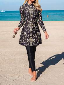 Swim Mulvari 2pcs/Set New Black Floral Print Long Sleeve Top And Long Pants Zipper Closure Vacation Casual Swimsuit For Women - Multicolor - View 3