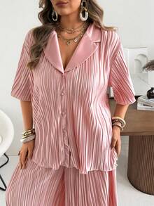 Ceyna 大码针织翻领短袖褶皱腰直筒裤两件套 - 粉色 - 查看 5