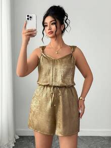 Elenzga 大码女式金色金属扭结吊带V领连体裤，腰部系带蝴蝶结纹理无袖短裤，夏季外出、派对、海滩、波西米亚风穿搭 - 金色 - 查看 6
