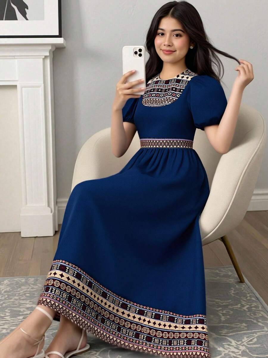 少女休闲度假几何提花拼接泡泡袖褶皱喇叭下摆公主裙，海军蓝 - 寶藍色 - 查看 1