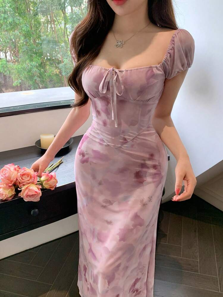 Women's Tie-Dye Sweetheart Neck Fitted Long Dress Sundress