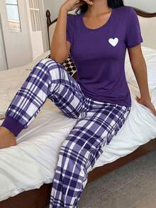爱心印花短袖上衣和格子印花长裤女士睡衣套装，休闲款 - 紫色 - 查看 5