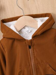 男嬰字母補丁細節毛絨內襯連帽夾克 - 棕色 - 查看 4