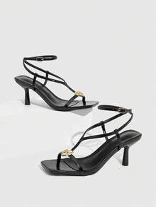 CUCCOO SZL Women's Square Toe Buckle Design Casual Everyday Wear High Heel Sandals Valentine's Day