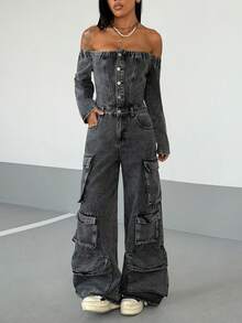 Jeanoix Women's Off-Shoulder Long Sleeve Single-Breasted Multi-Pocket Wide-Leg Denim Jumpsuit - Black - View 3