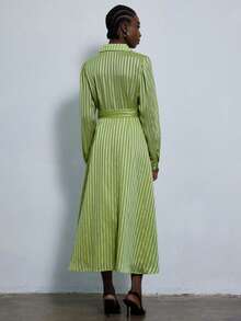 Aveloria Modichic Commuter Style Collared Minimalist Striped Satin Long Sleeve Dress - Green - View 2