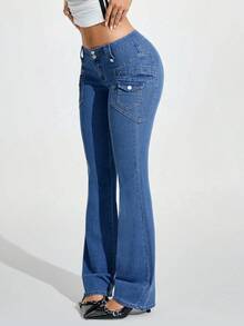 Jeanoix Women's Casual Versatile Flare Jeans With Pockets - Blue - View 6