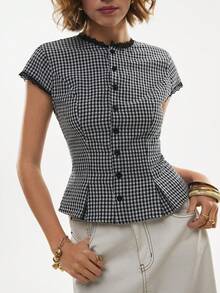 Poéselle 女士休闲格子蕾丝边衬衫，夏季 - 黑與白 - 查看 4