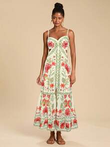 Travachic Đầm hở lưng in hoa dành cho nữ, thích hợp cho kỳ nghỉ. - Đỏ - Xem 3